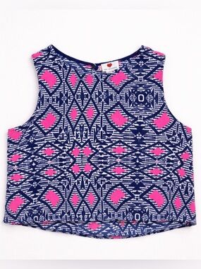 Navy & Pink Geometric Sleeveless Tank Top w peephole button closure - size Large